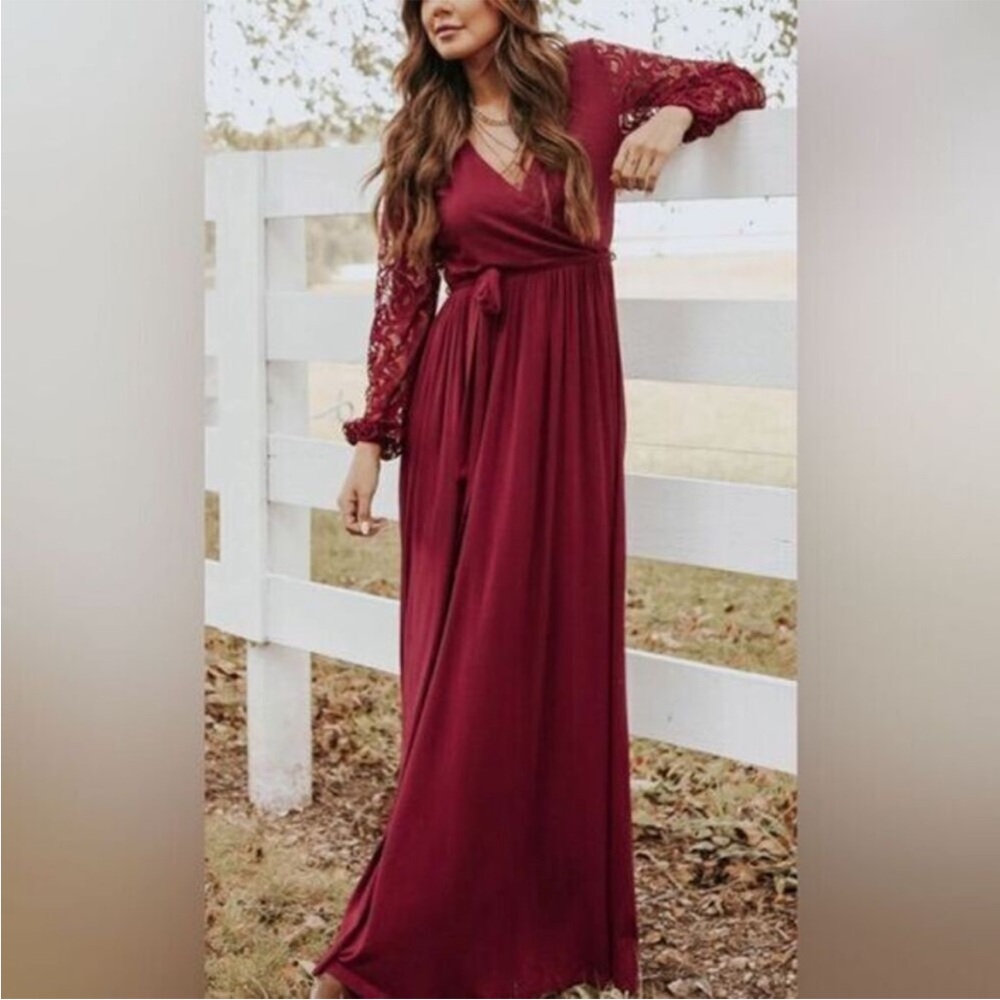 Women’s Maroon Faux Wrap Belted Maxi Dress Lace Long Sleeve - Size Medium